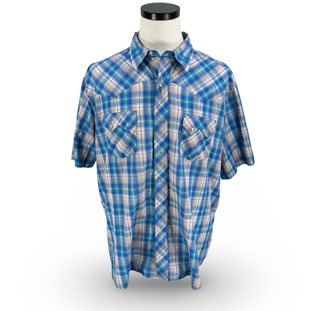 Wrangler Mens XXL Blue Gray Plaid Western Snap Short Sleeve Shirt WM109BL